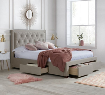 Woodbury Warm Stone Velvet Fabric 4 Drawer Storage Bed Frame - 5Ft King Size - image 1