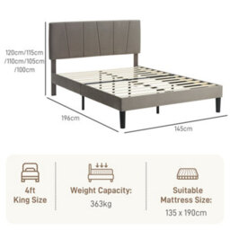 Homcom Double Bed Frame With 5-Level Adjustable Headboard Wooden Slats - thumbnail 3