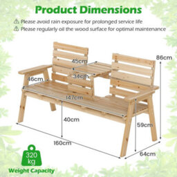 Outdoor Fir Wood Bench 2-3 Person Garden Bench W/ Backrest Natural - thumbnail 2