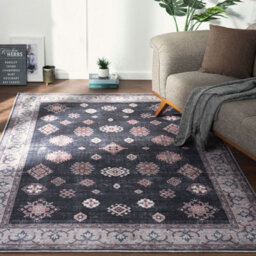 Black Bordered Floral Rug For Bedroom, & Living Room, 7mm Thick Stain-Resistant Traditional Rug - 160Cm X 230Cm - thumbnail 4