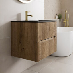 Affine 600mm Bathroom Cloakroom Vanity Unit Basin Sink Wall Hung Fluted Oak Unit - thumbnail 2