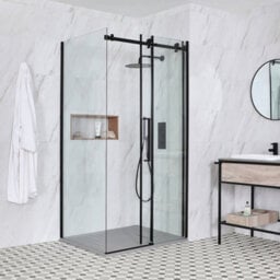 Homestylestore Black Reversible Corner Frameless Sliding Door Shower Enclosure With Light Grey Slate Effect Tray 1400 X 900mm - thumbnail 2
