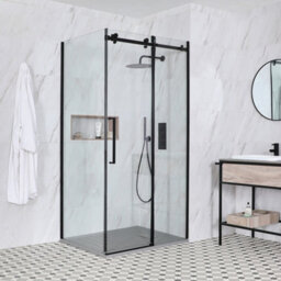 Homestylestore Black Reversible Corner Frameless Sliding Door Shower Enclosure With Light Grey Slate Effect Tray 1400 X 900mm - thumbnail 1