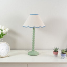 Valuelights Bobbles Sage Green Bobbin Table Lamp With Blue Trim Scallop Shade - Led Bulb Included - thumbnail 4