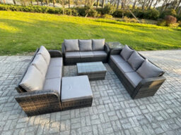 Fimous Rattan Lounge Sofa Set Outdoor Garden Furniture Set With Rectangular Coffee Table 3 Seater Sofa Big Footstool Side Table - thumbnail 2