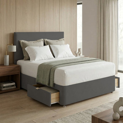 "Adore Designs Victoria Plush Velvet Divan Bed, 50"" Headboard & Mattress - 3Ft Single - Grey - 2 Drawers Same Side" - image 1