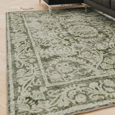 Loomed Floral Design Cotton Chenille Rug Green Ivory Machine Washable 240Cm X 330Cm - image 1