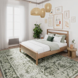 Loomed Floral Design Cotton Chenille Rug Green Ivory Machine Washable 240Cm X 330Cm - thumbnail 2