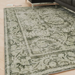 Loomed Floral Design Cotton Chenille Rug Green Ivory Machine Washable 240Cm X 330Cm