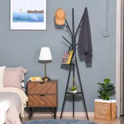 Homcom 180Cm Free Standing Coat Rack Metal Shelf Holder Stand Hat Hanger Black