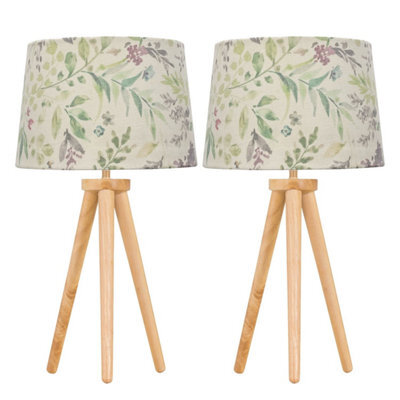 First Choice Lighting Set Of 2 Light Oak Table Lamp Or Bedside Lights With Floral Shades - image 1