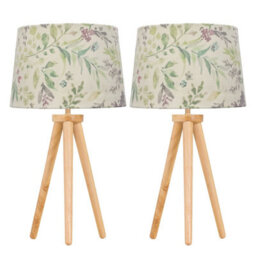 First Choice Lighting Set Of 2 Light Oak Table Lamp Or Bedside Lights With Floral Shades
