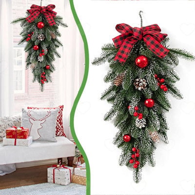 Amorly Christmas Teardrop Door Swag, Flocked Greenery With Pinecones, Red Berries And Ribbon Bow, Artificial Hanging Wreath For Festive - image 1