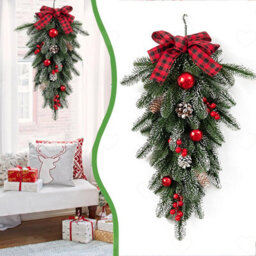 Amorly Christmas Teardrop Door Swag, Flocked Greenery With Pinecones, Red Berries And Ribbon Bow, Artificial Hanging Wreath For Festive - thumbnail 1