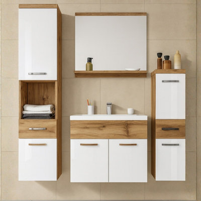 Alba Bathroom Furniture Set With Dolomite Washbasin Wotan Oak With White Gloss - image 1