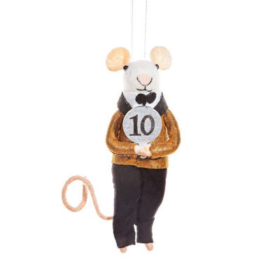 Sass & Belle Christmas Felt Dancing Judge Mouse Tree Decoration With Number 10 Paddle, 13.5 X 6 Cm
