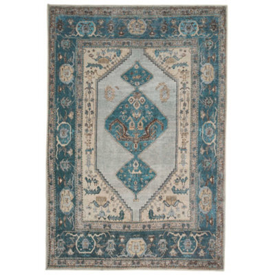 Loomed Distressed Teal Blue Beige Persian Style Washable Non Slip Rug 80X150Cm - image 1