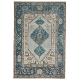 Loomed Distressed Teal Blue Beige Persian Style Washable Non Slip Rug 80X150Cm - thumbnail 1
