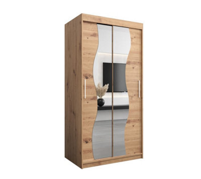 Arte Madrid Contemporary 2 Mirrored Sliding Door Wardrobe 5 Shelves 2 Rails Oak Artisan Effect (H)2000mm (W)1000mm (D)620mm - image 1