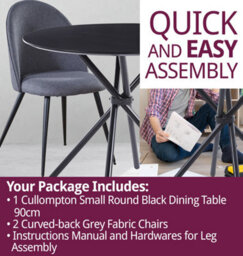 Hallowood Furniture Cullompton Small Round Black Dining Table 90Cm With 2 Curved-Back Grey Fabric Chairs - thumbnail 7