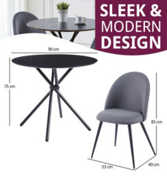 Hallowood Furniture Cullompton Small Round Black Dining Table 90Cm With 2 Curved-Back Grey Fabric Chairs - thumbnail 3