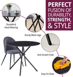 Hallowood Furniture Cullompton Small Round Black Dining Table 90Cm With 2 Curved-Back Grey Fabric Chairs - thumbnail 2