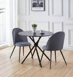 Hallowood Furniture Cullompton Small Round Black Dining Table 90Cm With 2 Curved-Back Grey Fabric Chairs - thumbnail 1