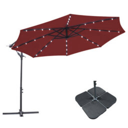 Sundaze 3M Wine Red Cantilever Banana Parasol Umbrella Hanging Patio With Led Lights, Base Weights