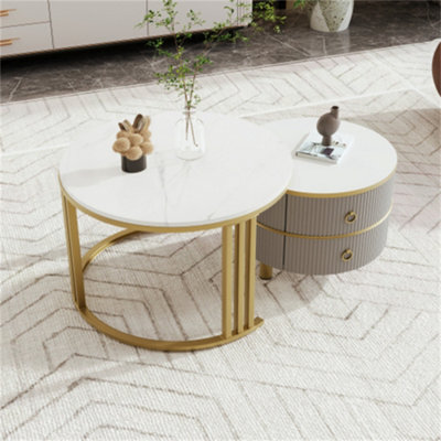 Abrihome 2-In-1 Mdf Round Coffee Table With Glossy Surface And 1 Side Table With White Marble Top, Set With 2 Drawers (White And Grey) - image 1