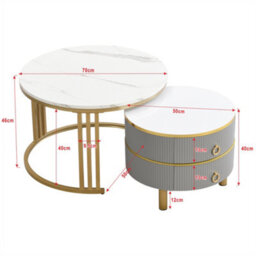 Abrihome 2-In-1 Mdf Round Coffee Table With Glossy Surface And 1 Side Table With White Marble Top, Set With 2 Drawers (White And Grey) - thumbnail 6