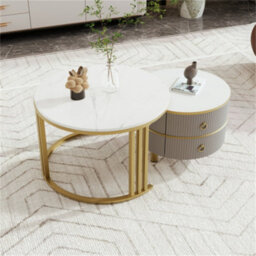 Abrihome 2-In-1 Mdf Round Coffee Table With Glossy Surface And 1 Side Table With White Marble Top, Set With 2 Drawers (White And Grey) - thumbnail 1