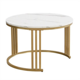 Abrihome 2-In-1 Mdf Round Coffee Table With Glossy Surface And 1 Side Table With White Marble Top, Set With 2 Drawers (White And Grey) - thumbnail 4