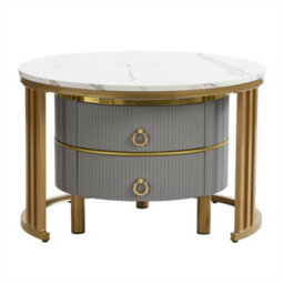 Abrihome 2-In-1 Mdf Round Coffee Table With Glossy Surface And 1 Side Table With White Marble Top, Set With 2 Drawers (White And Grey) - thumbnail 3