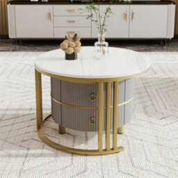 Abrihome 2-In-1 Mdf Round Coffee Table With Glossy Surface And 1 Side Table With White Marble Top, Set With 2 Drawers (White And Grey) - thumbnail 8