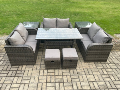 Fimous 8 Seater Outdoor Rattan Garden Furniture Set With Patio Rectangular Dining Table Love Sofa Small Footstools - image 1