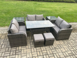 Fimous 8 Seater Outdoor Rattan Garden Furniture Set With Patio Rectangular Dining Table Love Sofa Small Footstools - thumbnail 2