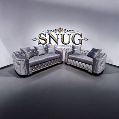 Ambassador Luxe Grey Plush Velvet Chesterfield 3+2 Seater Sofa Set