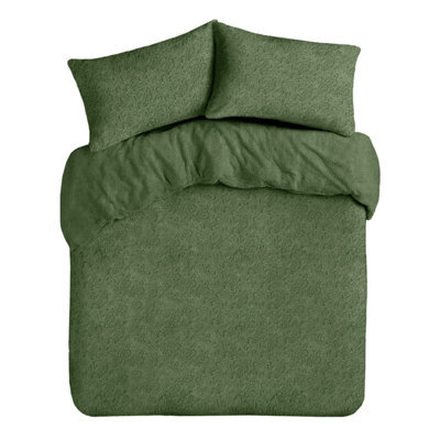 Velosso Teddy Fleece Duvet Cover & Pillowcase Set - Button Enclosure, Machine Washable Bedroom Essentials - Olive