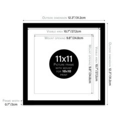 "11X11"" Black Picture Frame - 11X11"" Square Frame With 10X10"" Mount For 11X11""/10X10"" Pictures Art Deco Style Room Decor, 1 Pack" - thumbnail 2