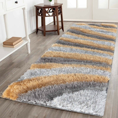 Modern Soft Waves Shimmer Shaggy Area Rugs Ochre 60X220 Cm - image 1