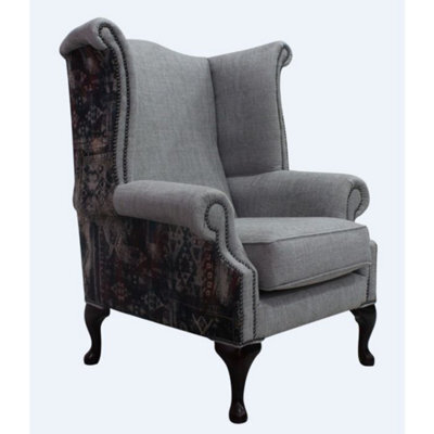 Chesterfield High Back Wing Chair Aztec Hessian Biscuit Fabric In Queen Anne Style - image 1