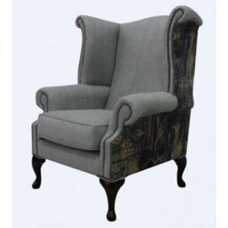 Chesterfield High Back Wing Chair Aztec Hessian Biscuit Fabric In Queen Anne Style - thumbnail 2