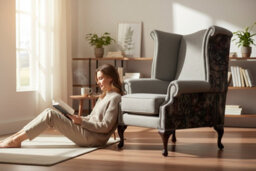 Chesterfield High Back Wing Chair Aztec Hessian Biscuit Fabric In Queen Anne Style - thumbnail 3