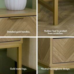 Vonhaus Bedside Table For Bedroom, Herringbone 1 Drawer Bedside Cabinet With Gold Handles & Legs, Light Wood Effect, Ducie - thumbnail 6