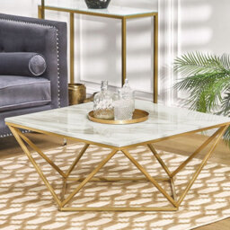 Wyld And Coco Novaluxe Coffee Table, Beige Marble-Effect Mdf Top With Gold Metal Base, Square 80 X 80 Cm - thumbnail 2