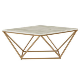 Wyld And Coco Novaluxe Coffee Table, Beige Marble-Effect Mdf Top With Gold Metal Base, Square 80 X 80 Cm - thumbnail 3
