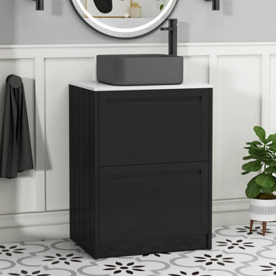 Royal Bathrooms Royal Bathroom Elmore 600mm Nocturne Black Freestanding Bathroom Vanity Unit 2 Drawer Plain White Worktop With Art Square Basin - image 1