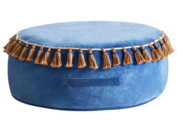 Beliani Velvet Round Tasselled Pouffe Ottoman Blue Footstool - W60 X D60 X H25Cm - thumbnail 1