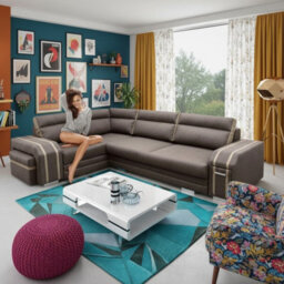 Avatar Corner Sofa Bed With Ottoman And Side Bar Upholstered Back Loose Cushions 300X200X90Cm 145X220Cm Brown And Beige Left - thumbnail 1
