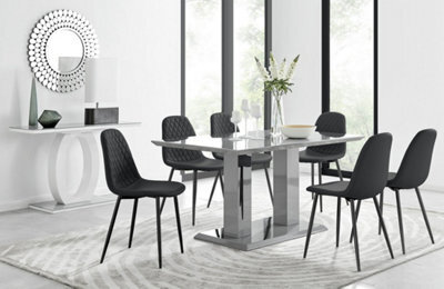 Furniturebox Imperia Grey High Gloss 6 Seater Dining Table With Structural 2 Plinth Column Legs 6 Black Faux Leather Black Leg Corona Chairs - image 1